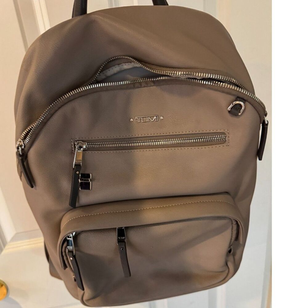 Women's TUMI Leather Backpack in Gray/Tan (Greige) and Silver